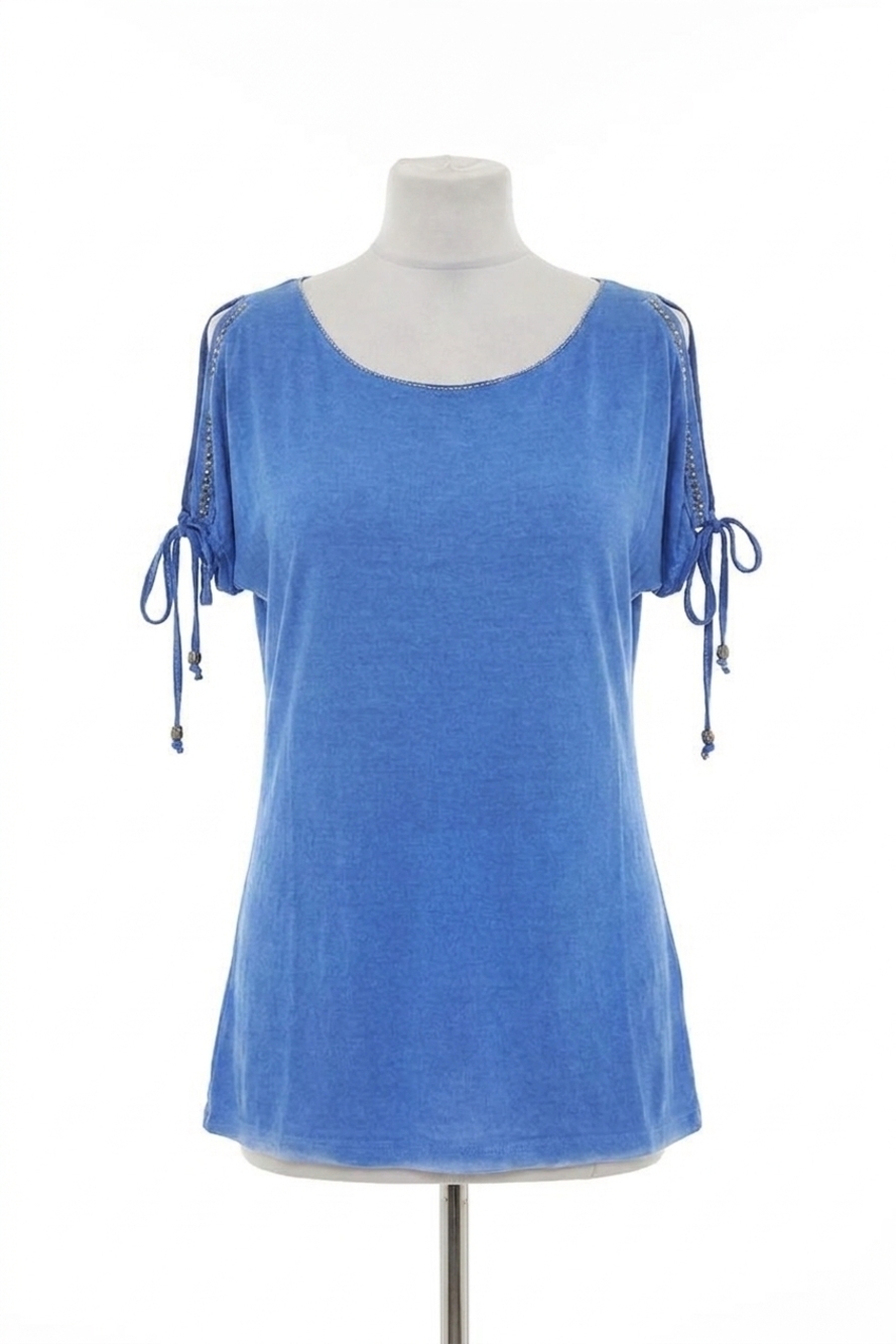 NEW ANGEL beaded cold shoulder top in blue